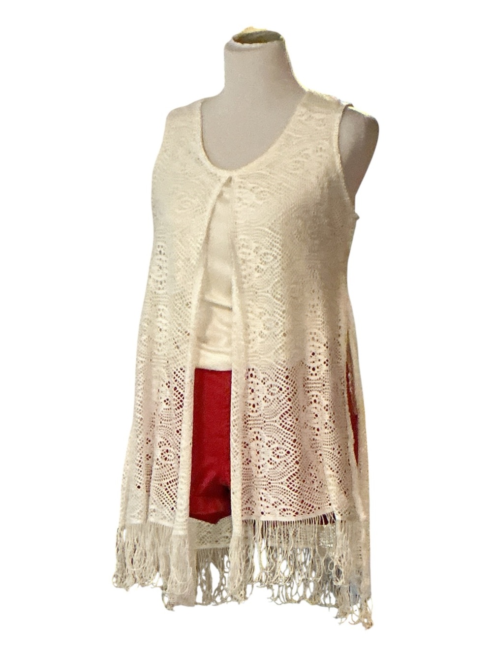 Cocomo Cream Crochet Fringe Open-Front Vest